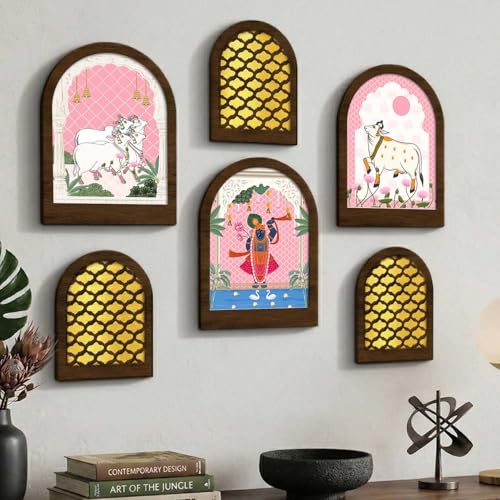 Image of Jharokha MDF Mirror for Home Decor | MDF Traditional Mirrors for Home Decoration | Wall Mirror Decor Hanging for Living Room Bedroom Office Set of 6 (9x12 inch & 7.5x9.5 inch)