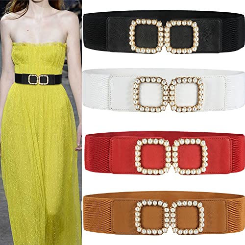 YOU&M Women's Elastic Wide Pearl-Buckle Stretch Waist Belts for Elegant Dress3