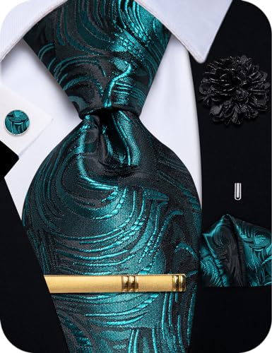Image of YourTies Mens Silk Tie Teal Floral Necktie and Pocket Square with Lapel Pin Sets for Men Formal Business, Medium