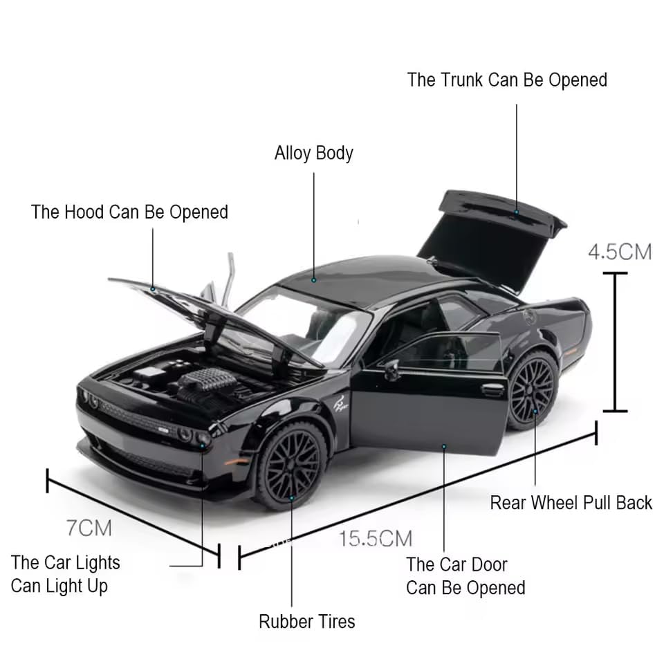 Image of Compatible for 1:32 Dodge Challenger SRT Toy Car Model, Diecast Collectible Pull Back Model Car with Sound and Light, Toy Gift Vehicles for Adults Kids Boys Girls, Black