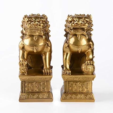 BRABUD Handmade Brass Guardian Lion Sculpture Foo Dogs Statues Pair Collectible Home Decor Gift Set of 2 (yiduitaishi) Cover