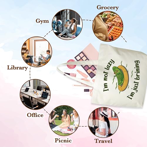 Pickles Canvas Tote Bag, Dill Pickle Grocery Bag, Farmers Market Tote, Pickle Beach Bag Gifts For Women Pickle Lovers Friends Family, Funny Spring Summer Party Reusable Shopping Bag, 073