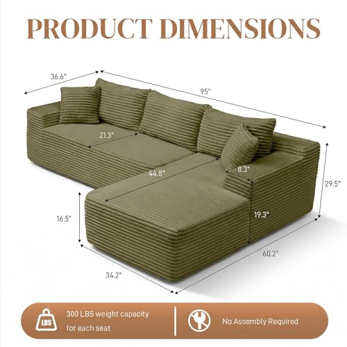 Image of 95 inch L Shaped Cloud Boneless Sectional Couches for Living Room, Modern Comfy Modular Deep Seat Memory Foam Compressed Corduroy Sofa Oversized Right Facing Chaise, No Assembly Required, Green