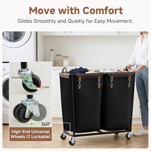 Image of StorageWorks 2 Section Laundry Hamper, 330L Extra Large Black Rolling Cart | 2 Section Laundry Hamper with Wheels, Black Rolling Sorter Cart for Bathroom, Hotel