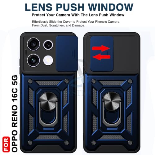 Image of AESTMO Tough Armor Oppo Reno 16C 5G Bumper Back Case Cover | Ring Holder & Sliding Camera Shield Cover | 360 Degree Protection Back Case Cover for Oppo Reno 16C 5G (Blue)