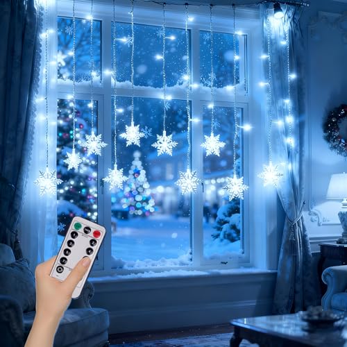 Lamptobe Tenda di Luci per Allestimento Natale, 2M 108 LEDS Fiocco di neve Tenda Luci Natale con telecomando e funzione timer, 8 Modalità di Illuminazione Luci LED Tenda Bianco freddo 6000 K