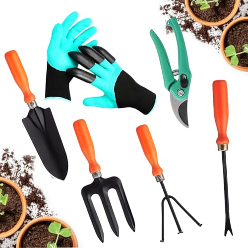 Image of Go Hooked 6 Pcs Gardening Tools Kit Cultivator, Fork, Transplanter, Weeder, Graden Gloves, Pruner Cutter Heavy Duty Garden Tools Set for Indoor Outdoor Plants, Balcony, Home Garden Use