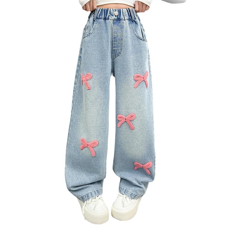 Girls Bow Jeans Baggy Pants/Wide Leg/Flare/Skinny Denim Cute High Waisted Teen Clothes Casual Y2k Streetwear with Pockets