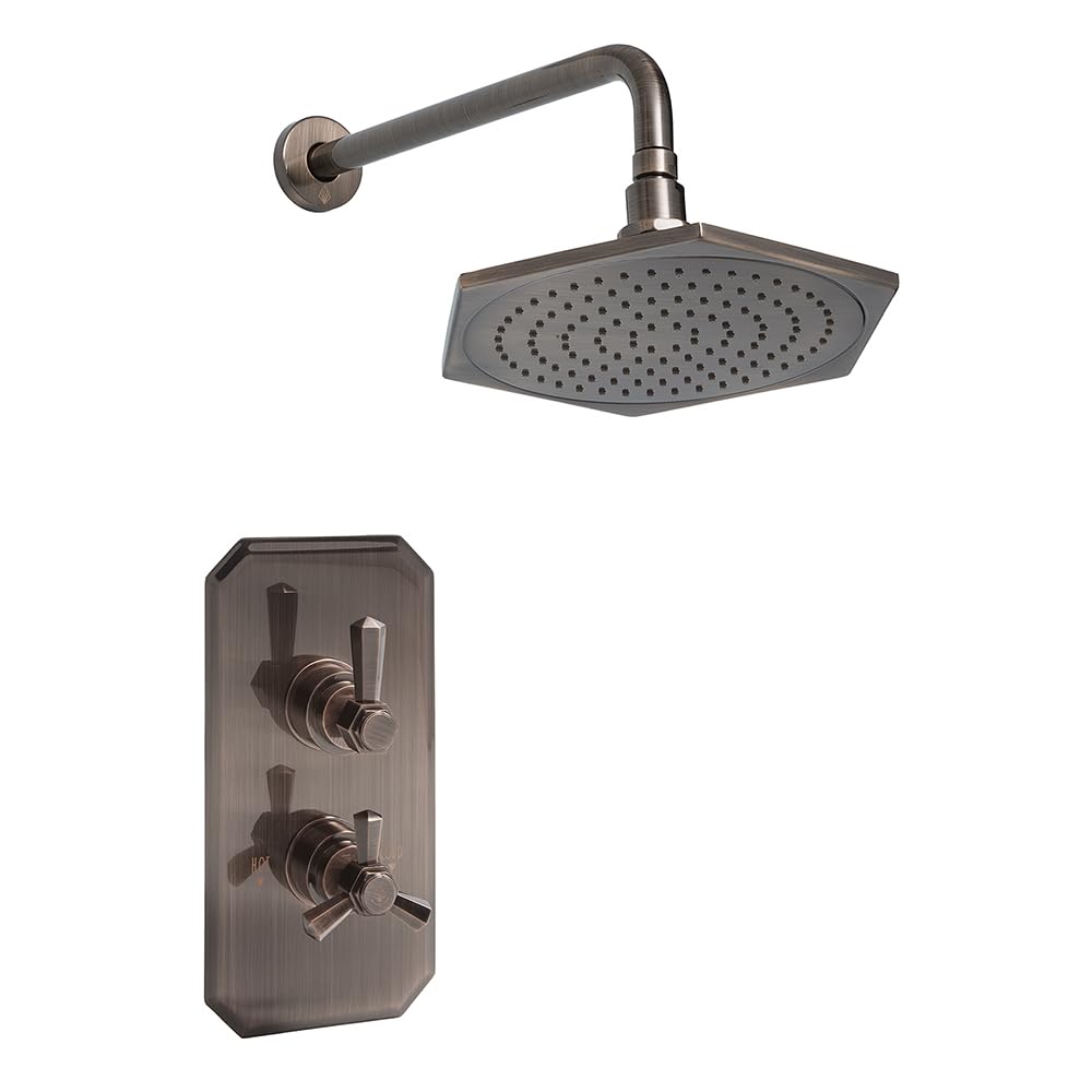 Milano Aged Bronze Earlham Art Deco Twin Thermostatic Mixer Valve Rainfall Shower Head Wall Arm