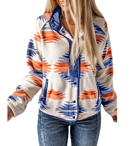 UATKIMI Damen Fleecejacke Aztekenmuster Shacket Langarm Druckknopf Mäntel mit Taschen, Dunkelblau, XL