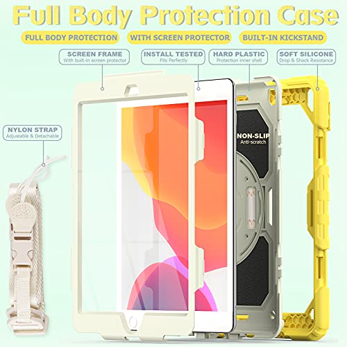 SIBEITU Case Compatible with iPad 9th/8th/7th Generation with Screen Protector Pen Holder, iPad Case 10.2 Inch, Heavy Duty Protection Cover W/Stand Hand Shoulder Strap for iPad A2602 A2197