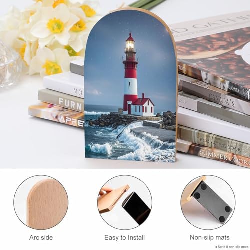 Sujetalibros de madera Lighthouse Ocean organizador de libros antideslizante para estantes 5
