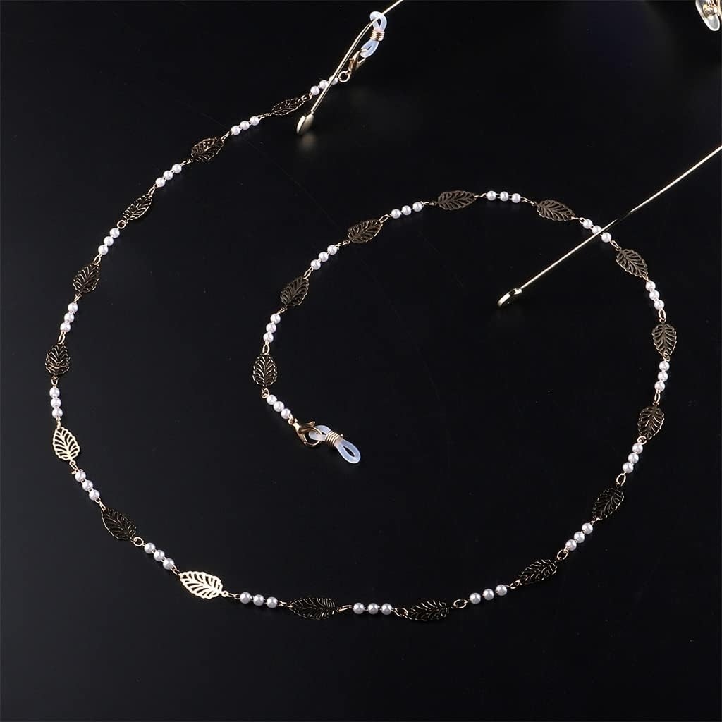 Metal Eyeglass Rope Gold Hollow Leaves Pearl Handmade Chain