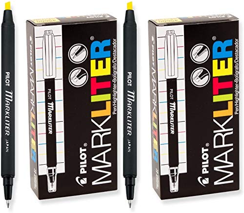 PILOT Markliter Stick Pen & Highlighter, Black Ballpoint Ink/Yellow Highlighter, 12 Count (45600),Yellow/Black - 2 Pack