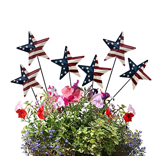 6set 12' H Metal American Star Barn Yard Sign, Patriotic Metal US Flag Star Barn Garden Stake for Planter Pot Walkway Pathway 4th of July Decor Memorial Day Outdoor Lawn Decorations