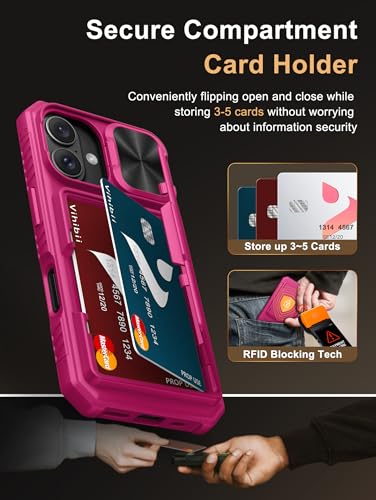 Image of Vihibii PC,Silicone For iPhone 16 Case Wallet With Card Holder(4 Cards)[RFID Blocking] & Slide Camera Cover & Raised Edges Protect Screen,Shockproof Rugged Phone Case For iPhone 16 6.1 inch 2024,Pink