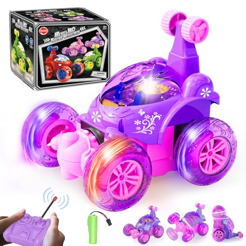 Tcvents Pink Purple Remote Control Car for Girls 3 4-7 8-12 Years Old, 4WD Rc Stunt Car Rechargeable RC Cars Toy Vehicle with 360° Rotation, 3D Lights & Music Kids Birthday Gift