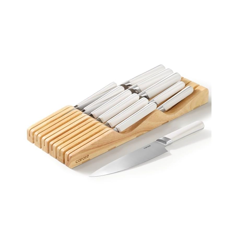 CAROTE-12PCS-Knife-Set-Stainless-Steel-Kitchen-Knife-Set-with-Drawer-Store-Kinife-Organizer-Cutlery-Knife-Set-with-Block-Dishwasher-Safe-White-Include-Knives CAROTE 12PCS Knife Set, Stainless Steel Kitchen Knife Set with Drawer Store Kinife Organizer, Cutlery Knife Set with Block, Dishwasher Safe, White (Include Knives)