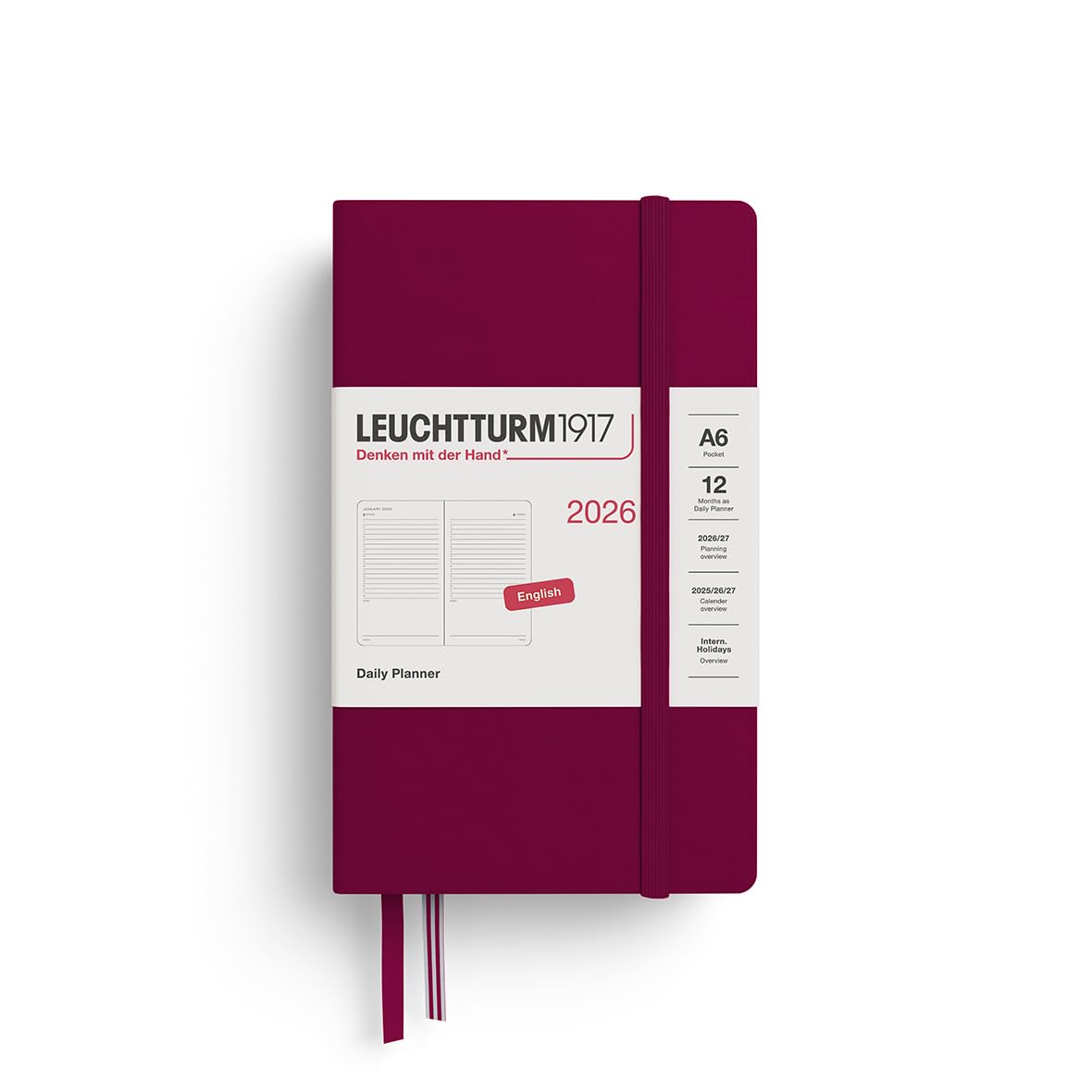 LEUCHTTURM1917 372779 Daily Planner Pocket (A6) 2026, 12 Months, Port Red, English