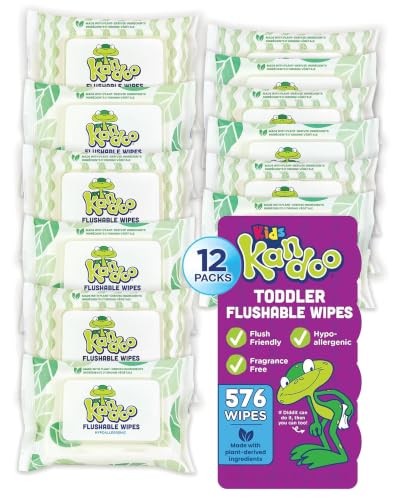 Image of Flushable Wipes for Baby and Kids by Kandoo, Sensitive and Unscented Formula, Hypoallergenic Potty Training Wet Cleansing Cloths , 48 Count, Pack of 12