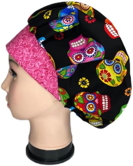 Bouffant Scrub Hat Fiesta Skulls, Scrub Cap Black, Pink