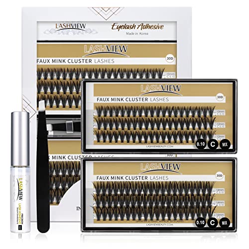 LASHVIEW DIY Eyelash Extension Kit, Individual Cluster Lashes Soft and Lightweight, 0.10mm 30D 10-16mm Mixed Reusable Wide Band Lash Cluster at Home