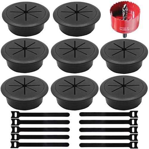 Image of 8 Pack Desk Grommet 2 Inch (50 mm), Desk Hole Cover for Cables, Black Desk Cord Hole Cover for Office Home Table, Cable Grommet with 1 Hole Saw Drill Attachment & 10 Cable Ties