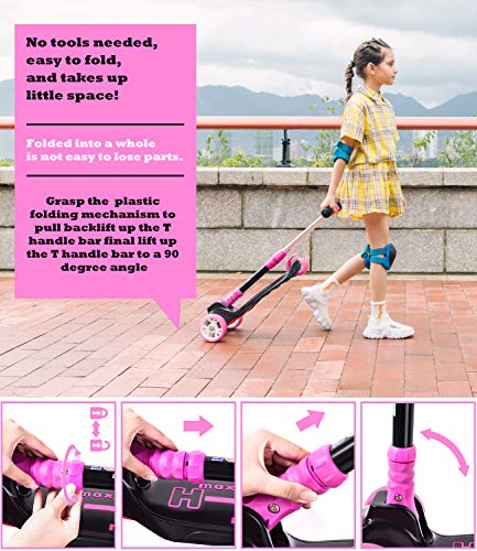 SULIVES Kick Scooter for Kids 3 Wheel Scooter 3 Adjustable Height Lean to Steer with PU Flash Wheel for Ages 3-5 6-12 Children Girls and Boys Rose Red - Thumbnail 4