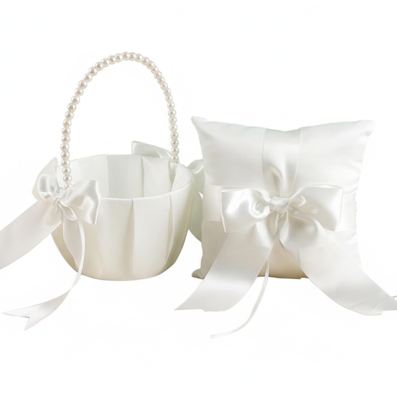 Uanqfegy Flower Girl Basket & Ring Pillow - Elegant Wedding Ceremony Accessories with Pearl Accents, White Satin for Girls