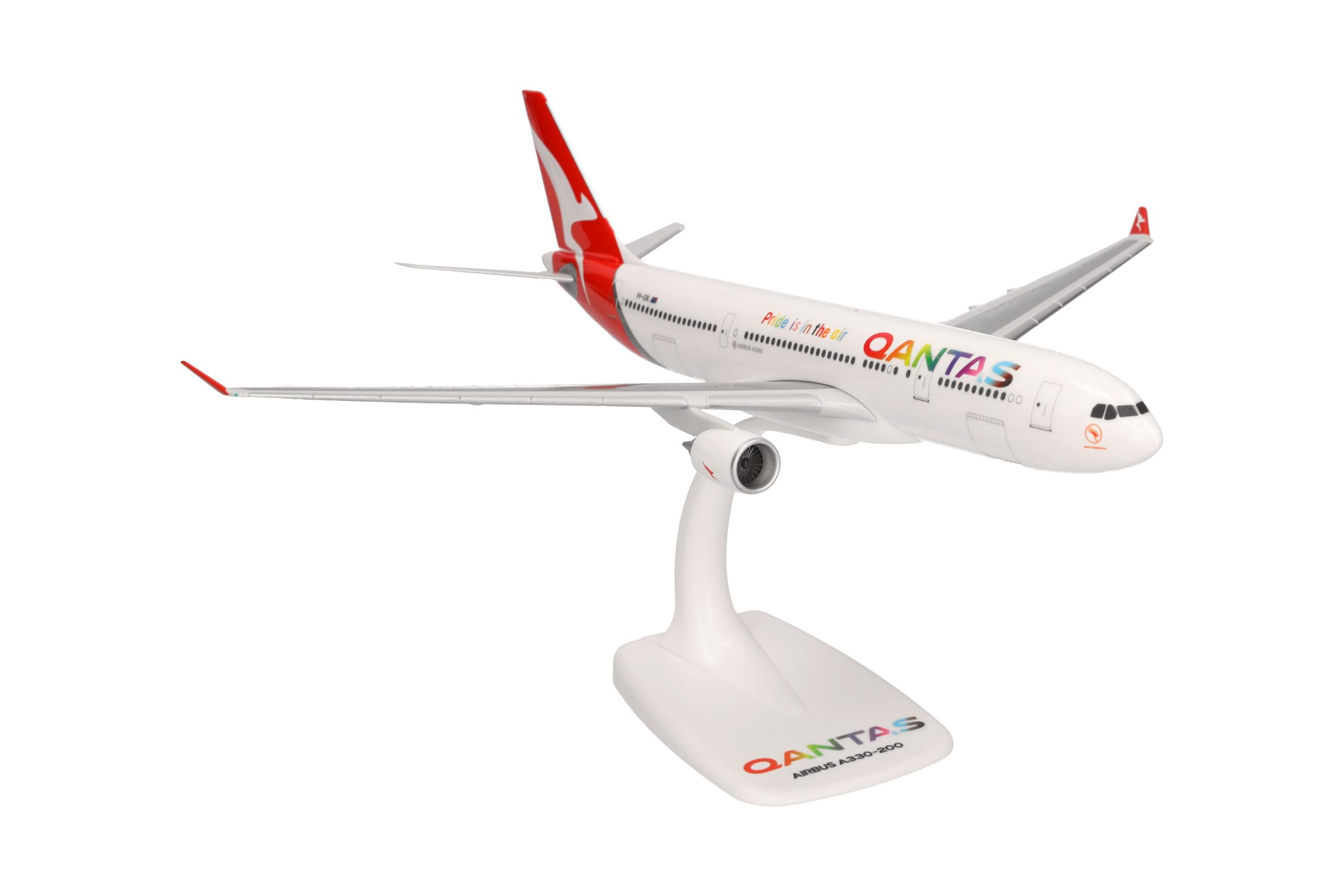 Herpa modello di aereo Qantas Airbus A330-200 "Pride is in the Air" in scala 1:200 - Snap-Fit, pezzo da collezione, miniatura deco, statuetta con supporto in plastica