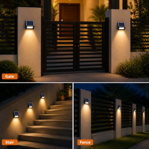 Image of XERGY Solar Powered Modern Slim Outdoor Wall Light | 2 Light Mode | 20 LED | 1200mAh Battery | Auto ON /Off Dusk to Dawn | Waterproof-Warm White Plant Focus Lighting for Garden, Fence & Exterior Decor