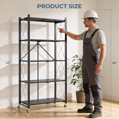 Image of Upgraded 18% Thickened Portable 5-Tier Foldable Storage Shelves with Wheels | Heavy Duty Storage Shelf Collapsible Shelves Unit Display for Garage Storage Kitchen Pantry & Closet Organizer, Matte Black