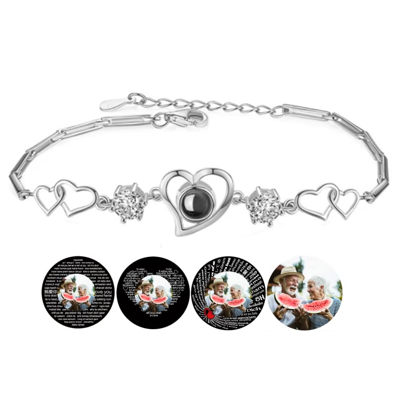 Personalized Bracelets with Picture inside Heart Silve Bracelet Custom I Love You 100 languages Photo Projection Bracelets Personalized Memorial Anniversary Birthday Gifts for Women Friend Pet