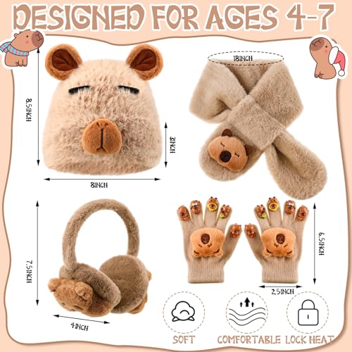 4 Pcs Kids Winter Capybara Hat Earmuffs Scarf and Kids Gloves Set Plush Capybara Winter Warm Set for Age 7-123