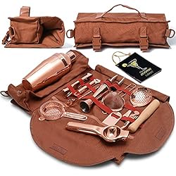 Maletin Barman Profesional Kit de Barman, Bolsa de Transporte | Set de Coctelería de 17 Piezas y Bolsa de Bar portátil con Correa para Llevar y Guardar fácilmente | Mejor Juego de Bar de Viaje de Oro Rosa para Hacer cócteles