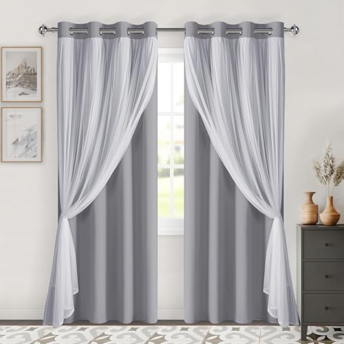 Image of DWCN Grey Blackout Curtains with Sheer Overlay with Tiebacks 84 Inch Long | Room Darkening Mix & Match Double Layer Window Panels for Bedroom Living Room Drape, Grommet Top, 52 inch Wx84 inch L, Set of 2