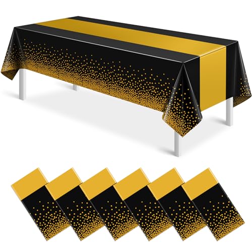 Image of 6Pcs Black and Gold Tablecloth Party Decorations,Plastic Black Table Cloth Printed Gold Table Runner Disposable Rectangle Table Cover for Birthday Retirement Anniversary Graduation Party,54 x108 Inch