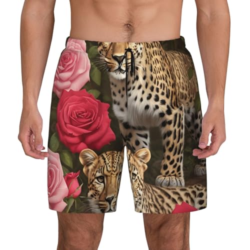 Pantalones cortos de baño para hombre de leopardo y rosas para piscina y fitness casual