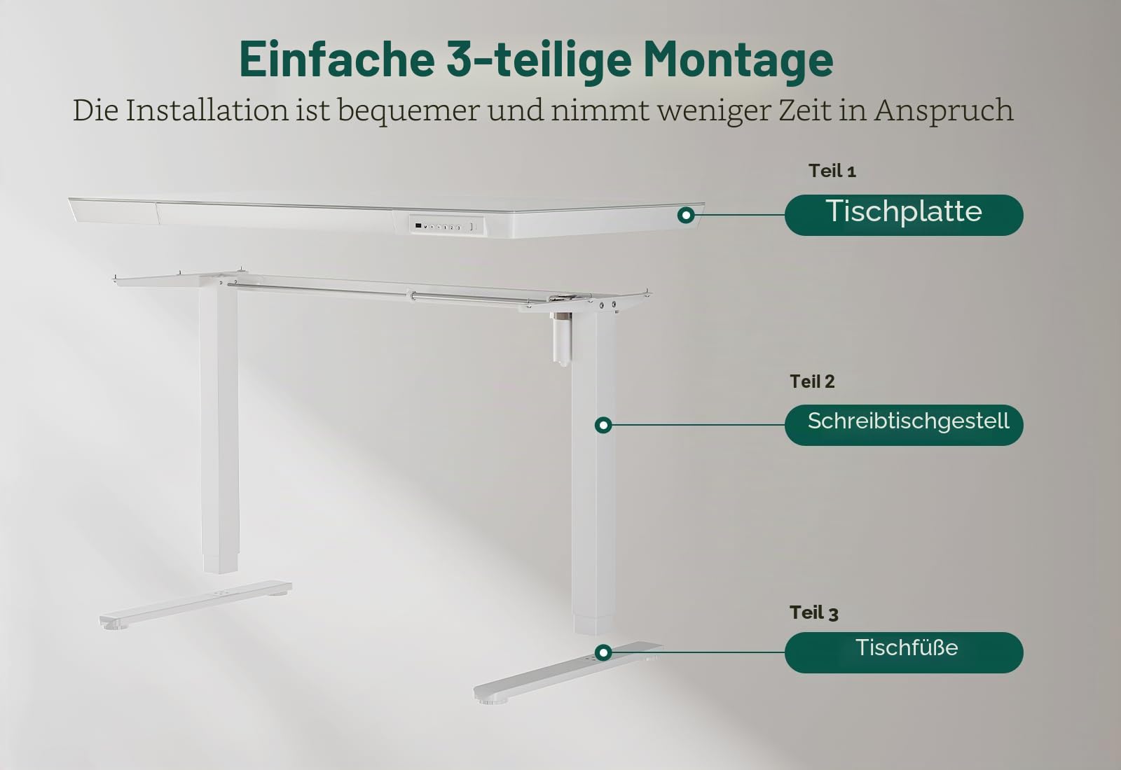 FEZIBO Elektrischer Stehschreibtisch mit Glasplatte, höhenverstellbar, 140 x 60 cm, Homeoffice-Tisch, mit USB-A- bis C-Ladeanschluss, Weißer Rahmen/Weiße Tischplatte