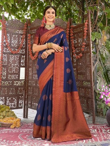 Image of Women's Soft Art Silk Kanjivaram Saree and Unstitched Blouse Piece with Floral Rich Pallu and Jacquard Jari Work On All Over | South Indian Saree