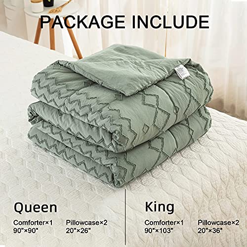 Green Tufted Comforter Set Queen Size (90×90 Inches), Boho Shabby Chic Comforter Geometry Embroidery Bedding Set 3 Pieces (1 Comforter + 2 Pillowcases), Soft Microfiber Comforter For All Seasons #TOP5