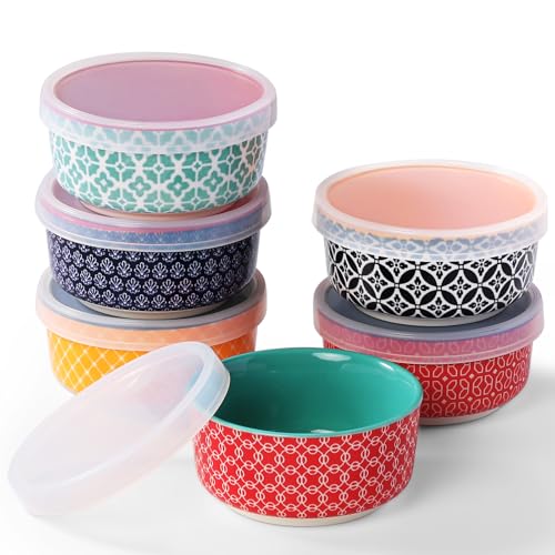 DOWAN Cuencos para salsas de porcelana, 176 ml, juego de 6 cuencos con tapa, apilables para salsa, aperitivos, crema Brulee, multicolor, aptos para lavavajillas y microondas