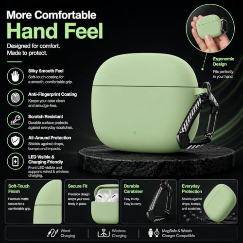 Image of Anvique Silicone Case Cover for Oneplus Nord Buds 4 Pro, Scratch Resistance, Shock Absorption, with Premium Carabiner (Matcha Green T)