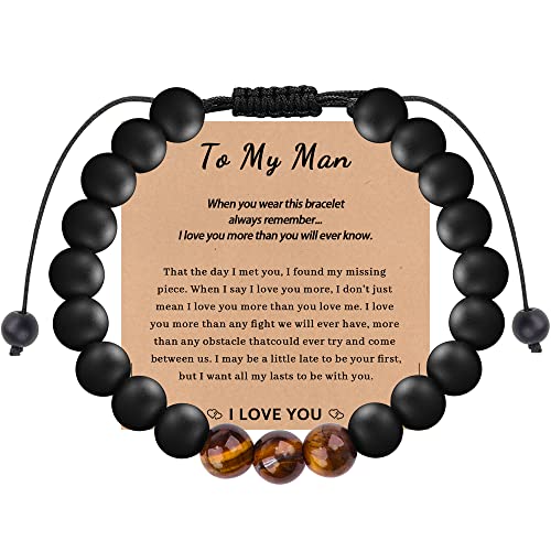 To My Man Bracelet,Adjustable Handmade Braided Natural Stone Beaded Bracele Bracelet Bracelet,Tiger Eye Black Agate Stone Beaded Bracelets For Men, For Boyfriend, Husband,Son, Grandson, Brother Gift #TOP3