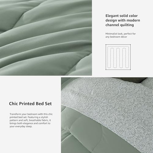 Image of Monbix Queen Comforter Set - 7 Pieces Sage Green Bed in a Bag Queen Track Stitching Bedding Sets, All Seasons Comforter Bed Set with Sheets, Pillowcases & Shams