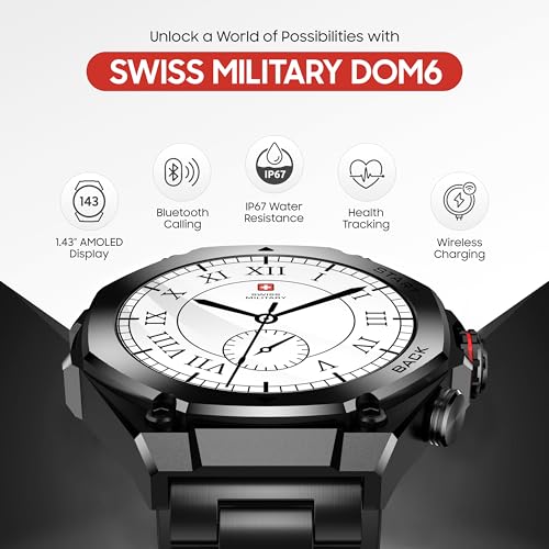 Image of Swiss Military DOM6 Smartwatch 1.43 inch AMOLED, Bluetooth Calling, Multi Language, Health & Sports Tracking, Wireless Charging, 7 Days Battery, IP67, iOS /Android Compatible,Gun Metal Frame & Strap