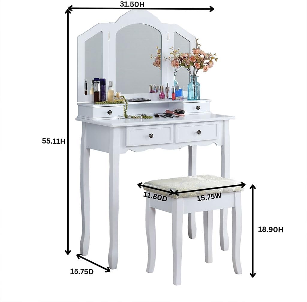 55" Wooden Dresser, Kids Vanity Set with 4 Drawers and Cushioned Stool Girls Bedroom Makeup Desk with 3 Folding Mirror and Solid Wooden Legs for Bedroom Living Room,White
