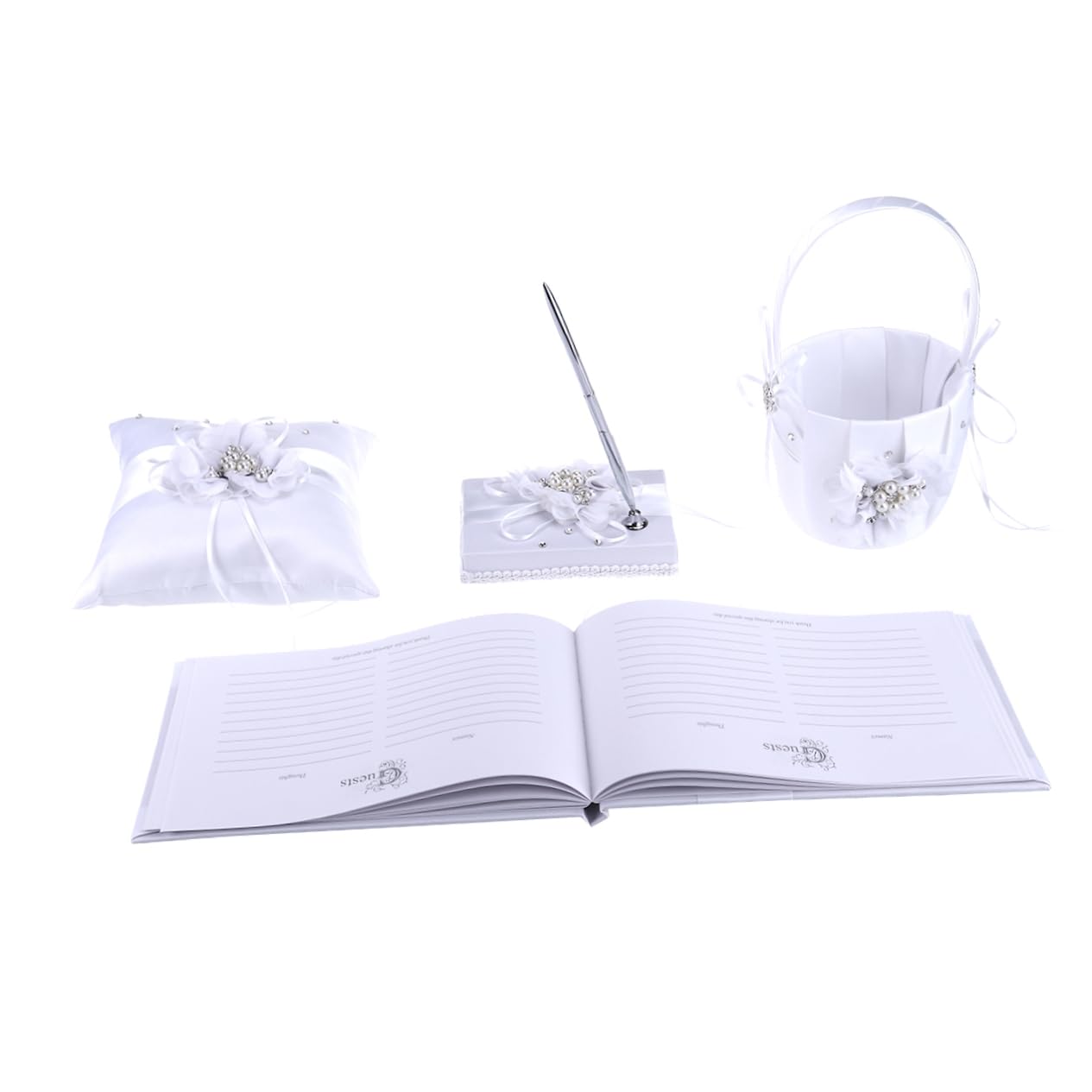 Coussin D'alliances Mariage 4 Pièces 20x20cm Blanc Satin Ruban