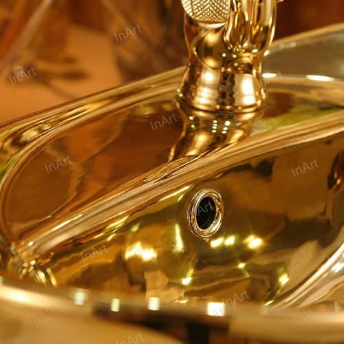 Image of InArt Ceramic Oval Gold Color Vanity Wash Basin, 59 x 39 x 21 CM, Luxurious Bathroom Sink