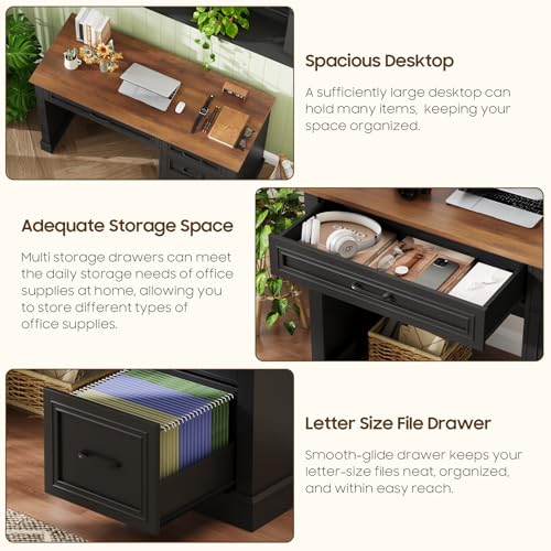 Image of Farmhouse 47 inch Executive Desk with File Drawer, Computer Desk with 4 Drawers, Workstation for Writing, Study, Home Office,Black Brown